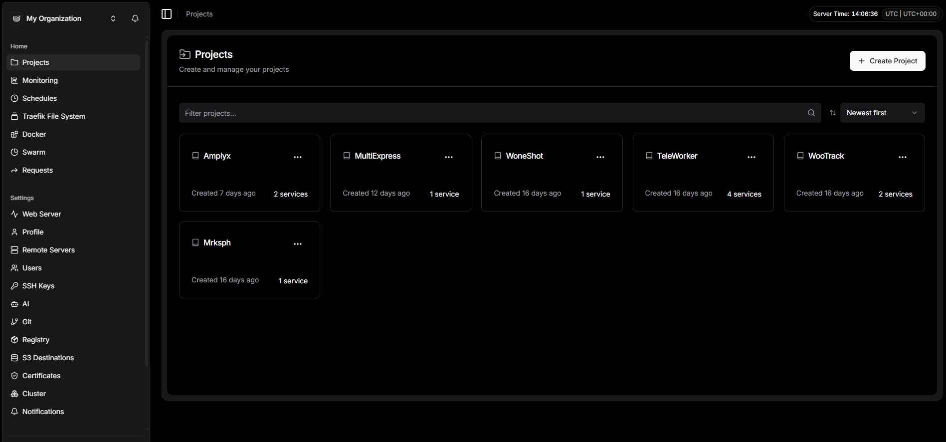 Página de inicio del panel de Dokploy